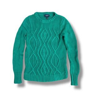Lands’ End Drifter Green Cable Knit Cotton Sweater‎ Women’s Small S 6-8
